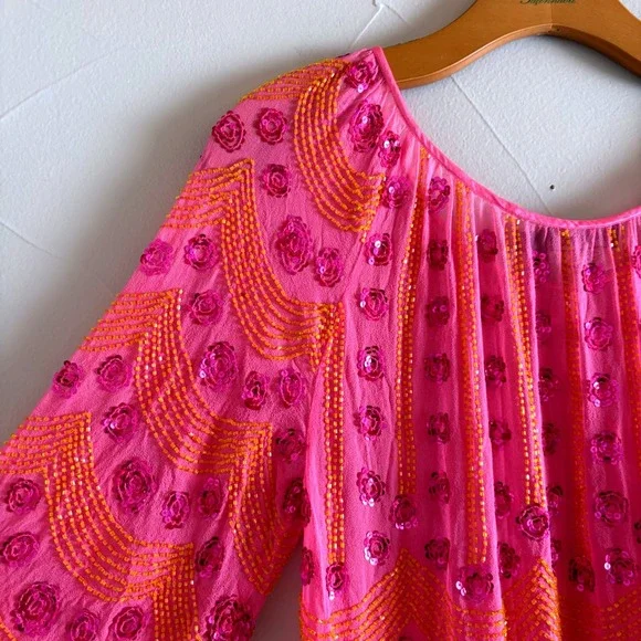 Antik Batik Pink Orange Beaded Silk Blouse 3/4 Sleeve Scalloped Hem Top Medium - Picture 5 of 13